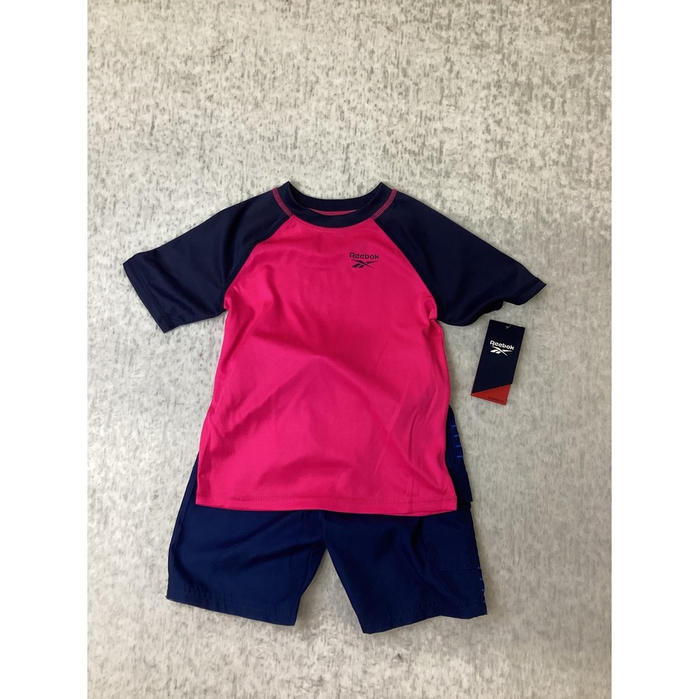 Reebok Boys 2 Piece Swim Set Rash Guard Shorts Laser Pink‎ Navy Blue Size 6